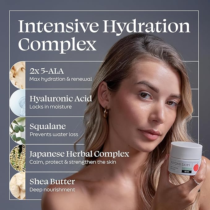 Kiyomi Skin Day Cream Intense - Face Cream with Double 5-ALA, Hyaluronic Acid, Squalane, Japanese Herbal Extracts - Hydrating Face Moisturizer for Dry Skin, Fine Lines - Made in Germany - 1.7 Fl Oz