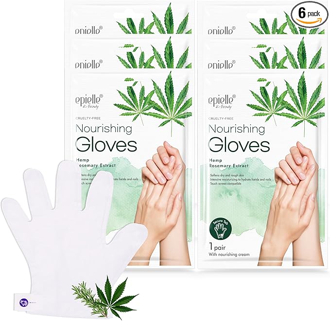 Epielle Nourishing Hand Mask 6 Pairs, Repair and Soften with Hemp & Rosemary Extract, Deep Moisturizing Gloves for Dry, Cracked Hands, Self Care Gifts for Women, Spa Kit, Stocking Stuffers