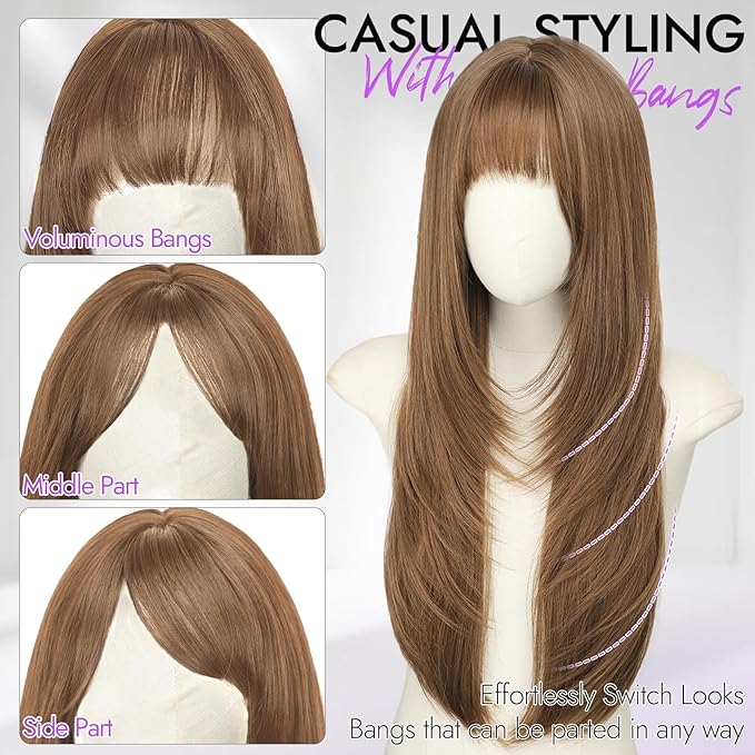 Long Light Amber Brown Wig with Bangs for Women,4x4 Realistic Scalp,Free Parting,Layered Hairstyle Synthetic Heat Resistant for Daily Party Use 26 inch