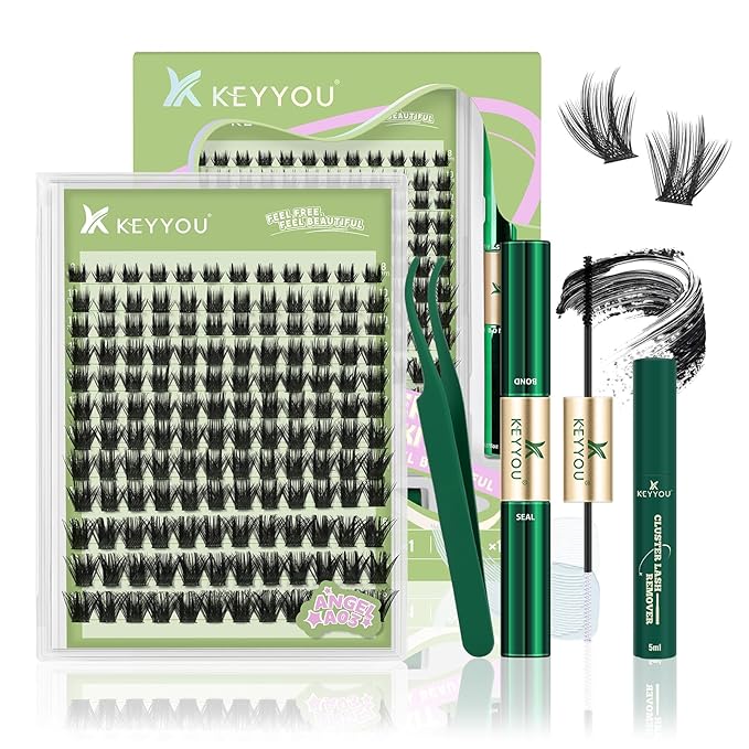 KEYYOU LASH Extension Kit 144Pcs Angel Lash Clusters Kit Thick Eyelash Extension Kit with Glue and Seal,Tweezers,Remover for DIY lash extension kit at Home（Kit-Angel A03-D-8-18MIX）