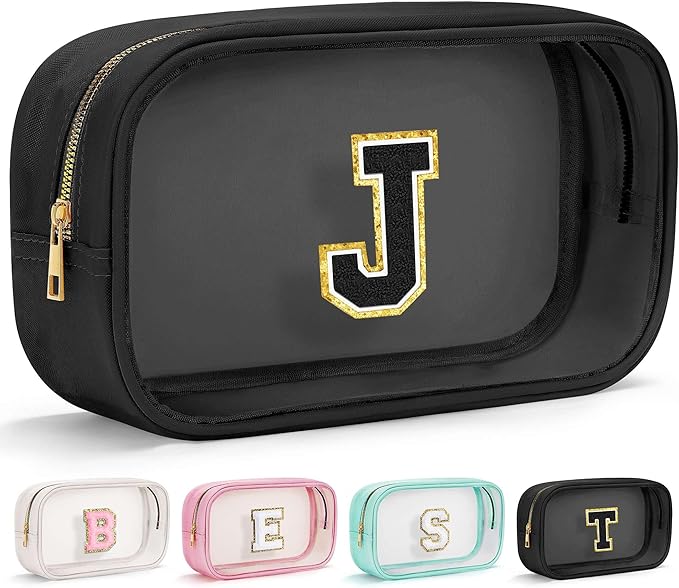 YOOLIFE Initial Travel Essentials Makeup Bag, Skin Care Clear Toiletry Bag Pouch Cosmetic Bag Case Large Makeup Bag Personalized Birthday Gifts for Women Valentines Gifts for Her Wife Black J
