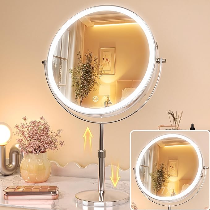 Hasipu 10” LED Makeup Mirror with 7X Magnification - Rechargeable Vanity Mirror, 3 Color Modes, Touch Control, 360° Rotation & Adjustable Height