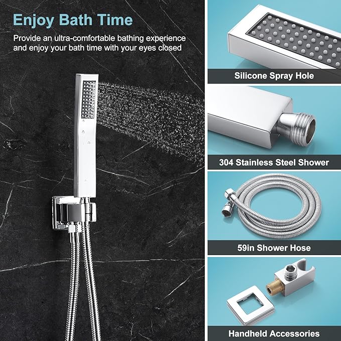 RTTWYYUU Chrome Shower System 8 Inch, Rain Shower Head with Handheld Spray, Luxury Rain Shower Set Square Wall Mount for Bathroom with Rain Shower and Handheld Shower System