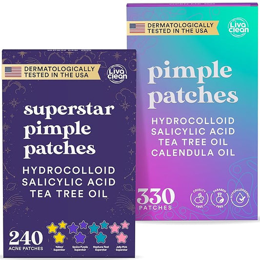 Livaclean 240 CT Star Pimple Patches for Face + 330 CT Acne Patches w/Tea Tree Oil, Salicylic Acid | Hydrocolloid Acne Patch | Cute Star Pimple Patch for Healing Hydrocolloid Patch Zit Stickers