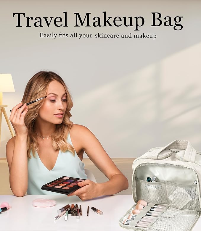 BUZFOWU Travel Toiletry Bag for Women, Large Wide-open Puffy Cosmetic Makeup Bag with Wet-Dry Separation, Multi-Pocket Organizer with Carry Handle for Toiletries, Cosmetics, Essentials, Beige