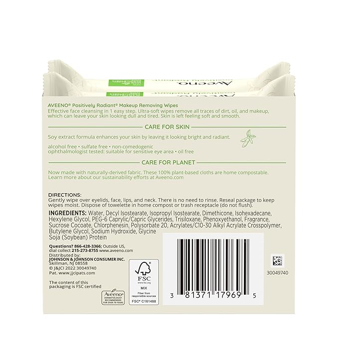 Aveeno Positively Radiant Alcohol Free Makeup Removing Face Wipes, Ultra Soft, Gentle, Non-Comedogenic Facial Cleansing Towelettes Leave Skin Clean & Soft, Sulfate Free, Twin Pack, 2x25 ct
