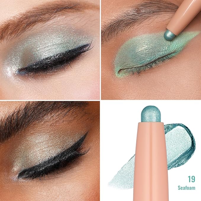 Oulac Waterproof Eye Shadow Stick Smooth and Long Lasting, Shimmering Glitter Finish, Blendable Eyes Makeup, Vegan & Cruelty-Free 1.25g, 19 Seafoam