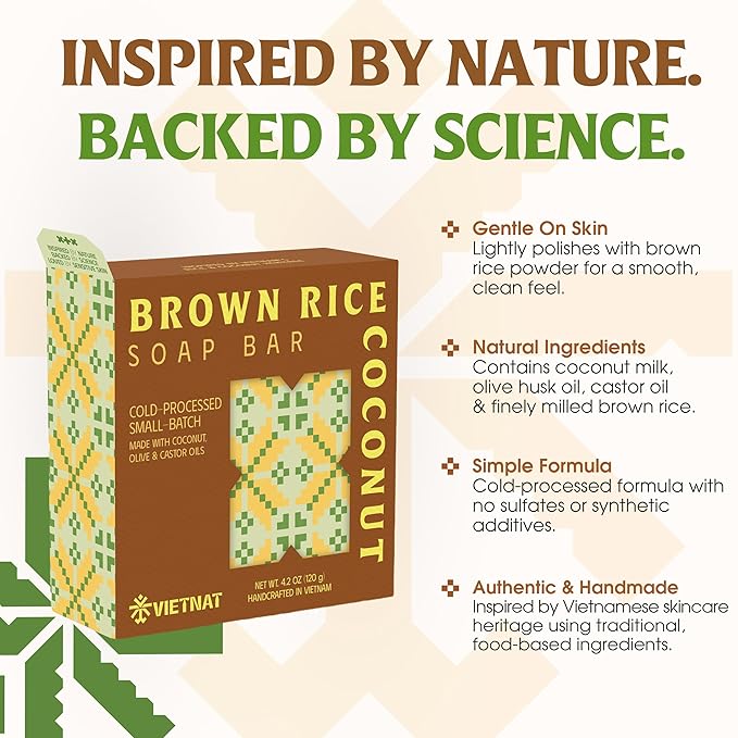 VIETNAT Brown Rice & Coconut Soap Bar (Pack of 3) – 2-in-1 Exfoliating & Nourishing, Cold Process Handmade Soap with Rice Bran & Coconut Milk, Gentle Daily Body Bar