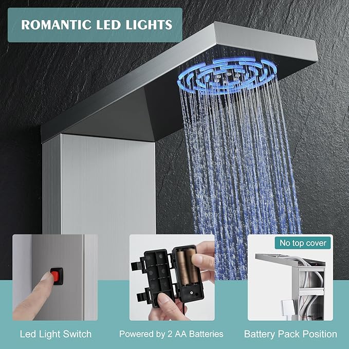 KINKIB Shower Panel Tower System for Bathroom - 5 In 1 Full Body Shower Tower With Led, Rainfall Shower Head With Powerful Body Jets, Handheld Shower and Tub Spout, Brushed Finish