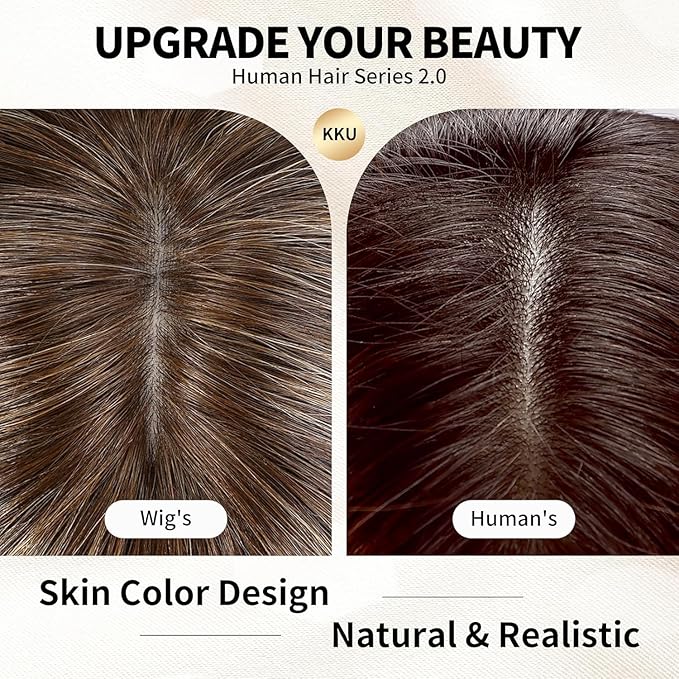 KKU 16 Inch Brown Mixed Blonde Human Hair Wigs for Women,Layered Straight Hair Wig with Bangs,Wear Natural Realism