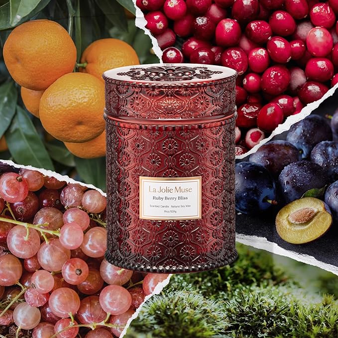LA JOLIE MUSE Ruby Berry Bliss Scented Candle | Mandarin, Cranberry & Plum | 19 oz Natural Soy Candle | Wooden Wick | 90-Hour Clean Burn | Valentines Gifts for Her | Cozy Home Decor