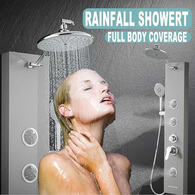 KINKIB Shower Panel Tower System with Adjustable Shower Head, Self-Cleaning Shower Tower with 2-Setting Powerful Body Jets and 5-Function Handheld Shower, Shower Column Brushed Stainless Steel