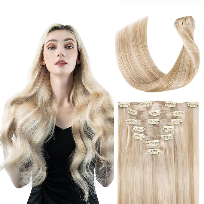 Clip in Hair Extensions Real Human Hair, 100% Remy Hair Extensions Clip Ins, Dark Blonde Highlighted Bleach Blonde Hair Extension for Women, #P18A/613A 20Inch 120G 7PCS