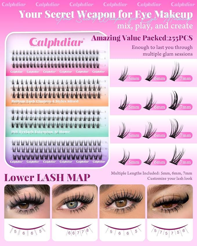 Bottom Lash Clusters DIY Eyelash Extensions 4 Styles Lower Lashes Wispy Bottom Individual Lashes 5-7mm Natural Thin Band Eyelash Clusters 225pcs for Bottom Lash Extension by calphdiar