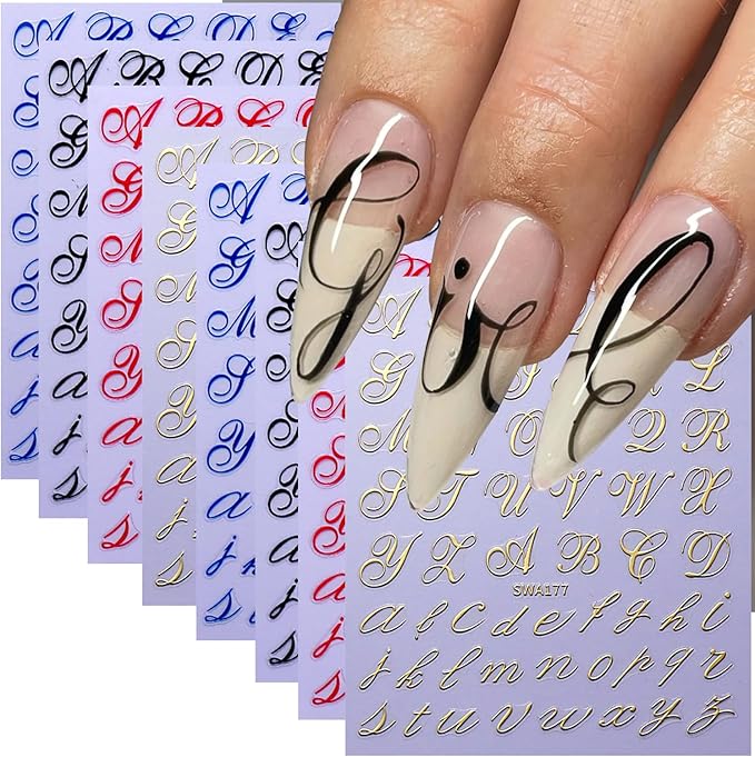 8 Sheets Letter Nail Stickers Retro English Letter Nail Decals 3D Self-Adhesive Black Red Blue Gold English Alphabet Nail Art Stickers Letters Sticker DIY Manicure Decoration Accessories for Women
