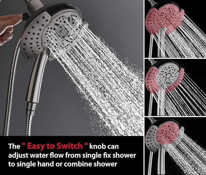 GRICH 2.5GPM Shower Head with Hand: 2 in 1 High Pressure Shower Heads With Handheld Spray Combo & Rain Shower Head, 9 Spray Modes Anti-Leak Waterfall Showerhead, Angle Adjustable, Brushed Nickel