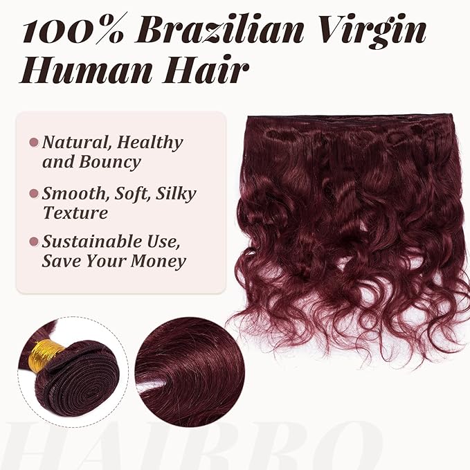 Hairro Sew in Hair Extensions Real Human Hair, 100g/bundle Weave Weft for Women Adding Volume and Length, for DIY Beauty Dating Party, 18 Inch One Bundle Body Wave #99J Wine Red