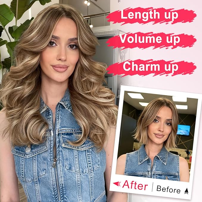 ALXNAN Long Wavy Layered Hair Extensions for Women, Clip in Hair Extensions Clip Ins Soft Full Head Synthetic Hairpieces 16 Inch Medium Brown Ash Blonde