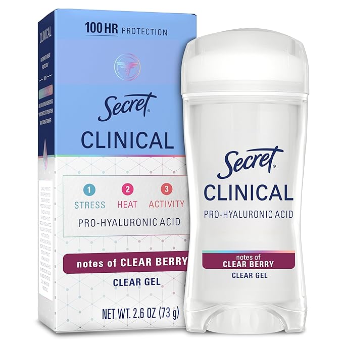 Secret Clinical Strength Antiperspirant Deodorant for Women, 100hr Sweat & Odor Protection, 3X Stress Protection with Hyaluronic Acid, PH Balancing Minerals, Clear Gel, Clear Berry Scent, 2.6 oz