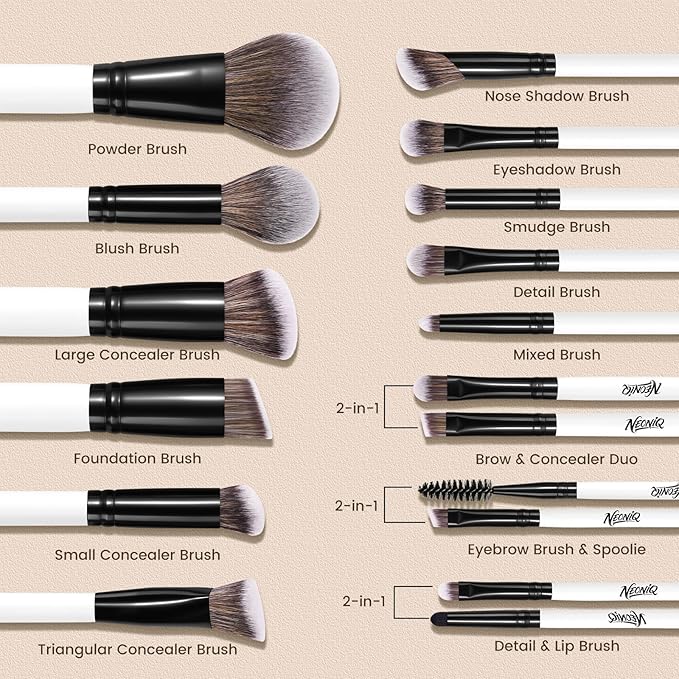 NEONIQ 14 PCS Professional Makeup Brushes, Makeup Brush Set, Foundation Powder Blending Concealer Eyeshadows Blush Cosmetics Brushes,Versatile Face Make Up Tools For Liquid, Cream, Loose(White)