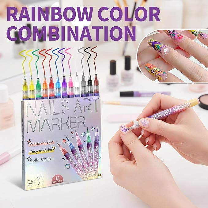 12 Colors Nails Art Pens Set,Nails Art Markers for Kids,Nails Art Markers Polish Pen for 3D Nails Art,DIY Nails Art Marker Drawing Painting Liner Pen,Portable Nails Art Tools(A-1 Set)