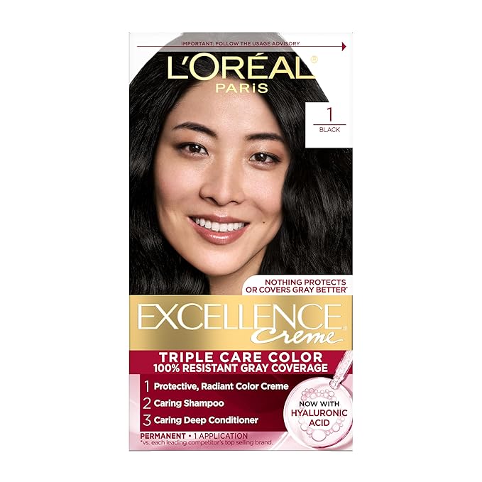 L'Oreal Paris Excellence Crème Permanent Hair Dye, Triple Care Hair Color with Hyaluronic Acid for 100% Gray Coverage, 1 Black, 1 Kit (Packaging May Vary)
