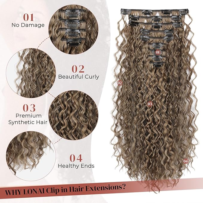 LONAI Hair Extension,9PCS Brown 22" Curly Clip in Hair Extensions LN002 Long Soft Thick Synthetic Hairpieces for Women-Deep Brown with Dirty Blonde