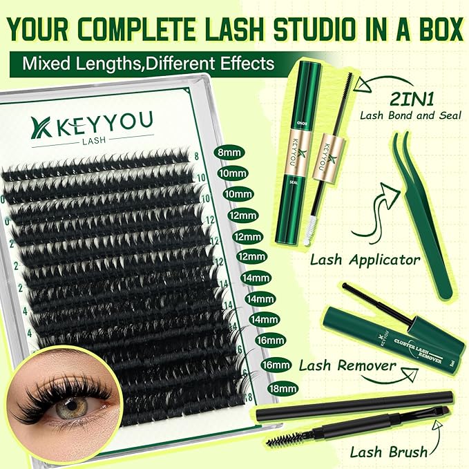 DIY Lash Extension Kit 144pcs 8-18MIX Lash Clusters with Super Hold Mascara Brush Bond and Seal Lash Remover Lash Applicators Lash Brush for KEYYOU DIY Lash Kit (Y10 Kit)