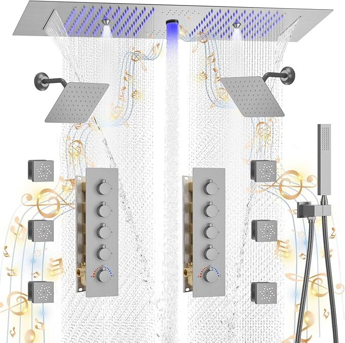KATAIS Shower System with 12X35 inch Overshower and Dual Side ShowerHead(8 inch), 6 PCS Body Jet and HandHeld Spray, Dual Thermostatic Valve Kit Can Achieve 8 Shower Functions, Brushed Nickel
