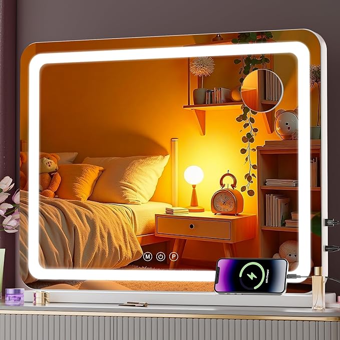 Vanity Mirror with Lights, 23" x 18" LED Makeup Mirror with 10X Magnification, Dimmable 3 Modes, Memory Function, Smart Touch, USB Charging Port, Lighted Makeup Mirror Round White