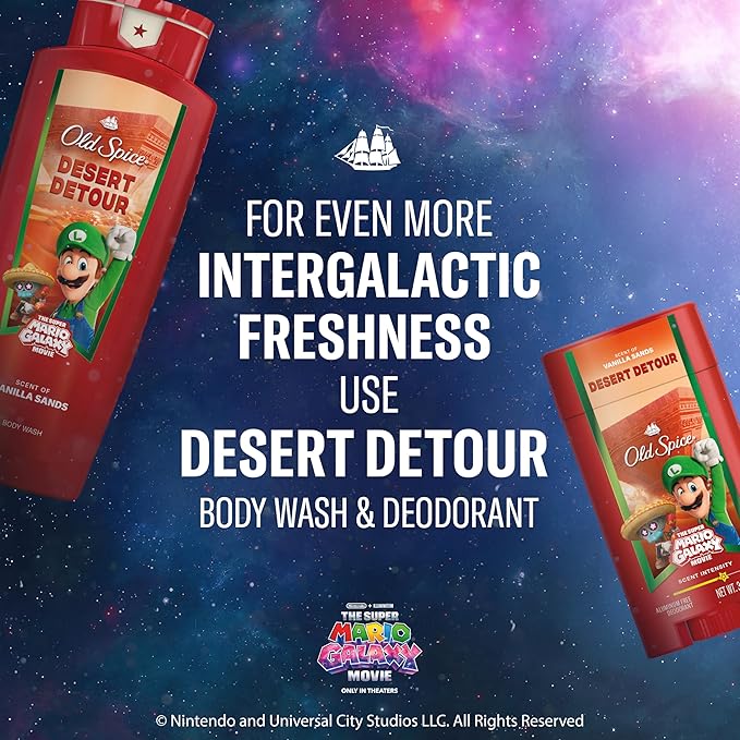 Old Spice Aluminum Free Deodorant for Men, Old Spice x The Super Mario Galaxy Movie, 24/7 Lasting Freshness, Lasting Odor Protection, Smell Super with Desert Detour, Vanilla Sands Scent, 3.0 oz