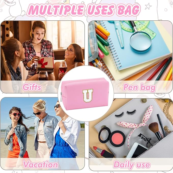 URSKYTOUS Initial Makeup Bag Personalized Preppy Travel Small Cosmetic Bag Cute PU Pink Chenille Letter Makeup Pouch for Purse Waterproof Zippered Toiletry Organizer for Women Girls Kids Friends(U)