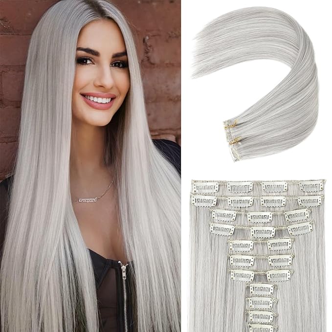 REECHO Hair Extensions, 11PCS Clip in Hair Extensions 24" Long Straight hair extensions HE005 Natural Soft Synthetic Hairpieces for Women – Silver Grey