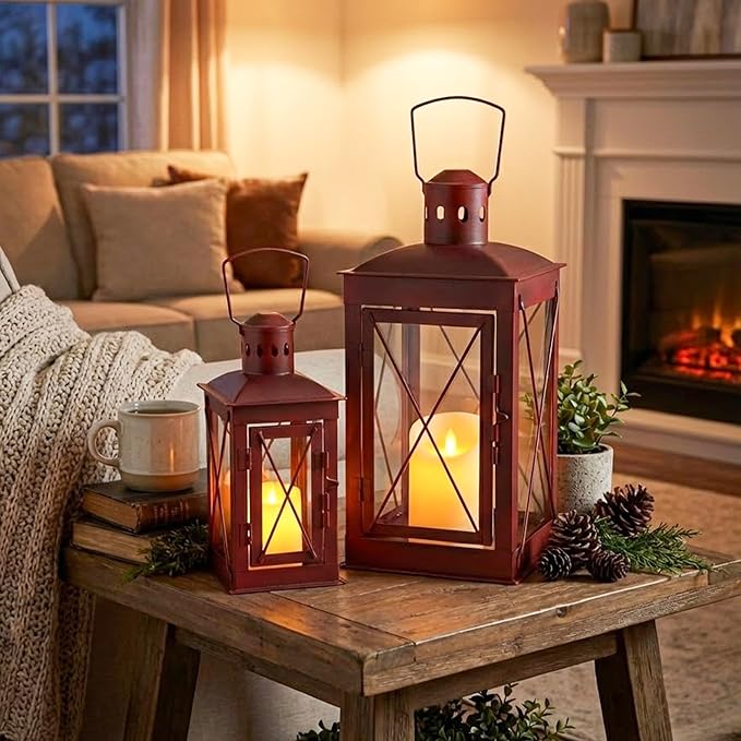 TRIROCKS Set of 2 Decorative Candle Lantern 14 & 10'' High Metal Candle Holder Hanging Lantern Perfect for Home Decor Patio Living Room Parties Events Tabletop Indoors Outdoors (Red)