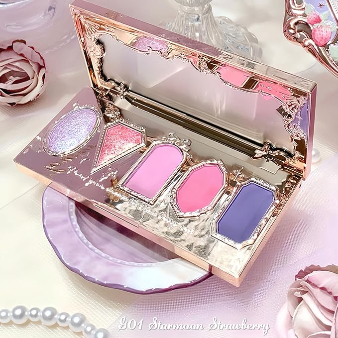 Flower Knows Feb-Blush Bliss Makeup Box Set,8-Piece Beauty Kit,Includes Make-up Palette,Lipgloss,Eyeshadow,Blush,Powder Bag Charm,Mirror,Wishes Card,Box,Perfect Valentine,Make Up Gift for Women&Girls