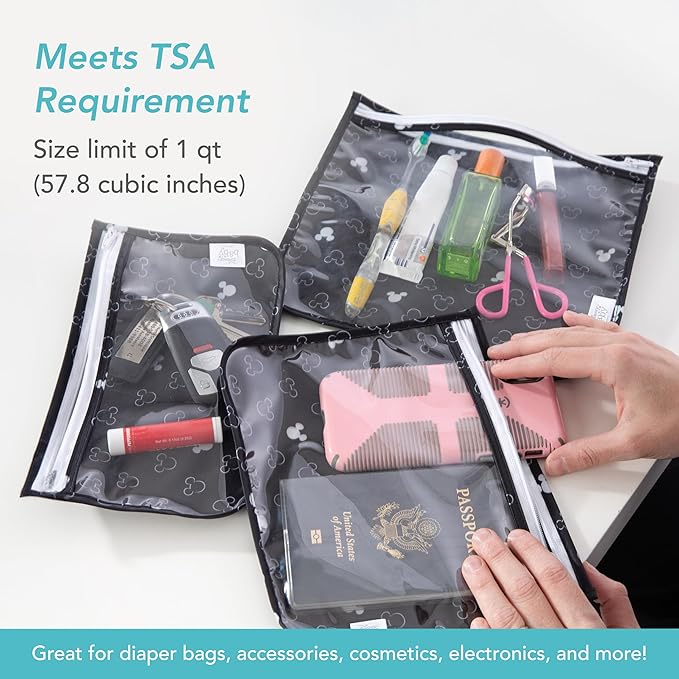 Bumkins Disney Travel Bag, Toiletry, TSA Approved Pouch, Zip Bag, Quart Size Airline Compliant, Clear-Sided, Baby, Diaper Bag Organization, Accessories, Packing, Set of 3 Sizes, Mickey Mouse Icon