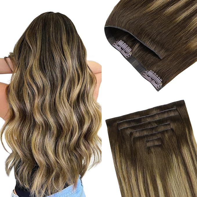 GOO GOO Invisi Edge Clip in Hair Extensions 16inch 110g 7Pcs Injected Seamless PU Clip in Hair Extensions, Virgin Real Human Hair, 4/27/4 Balayage Chocolate Brown to Caramel Blonde