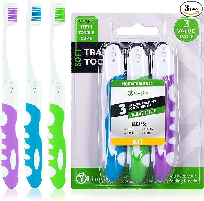 Lingito Folding Toothbrush, Built-in Cover, Travel Size for Hiking, Camping, Traveling - 3 Pack Soft-Multicolor