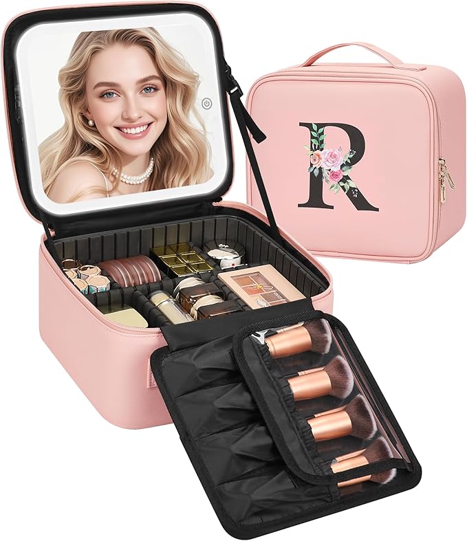 Relavel Initial Makeup Bag with LED Mirror for Women Girls, Personalized Travel Cosmetic Organizer Train Case, Birthday Gifts for Grandkids Bridesmaid Graduation Teacher Friends, Trendy Stuff, Pink R