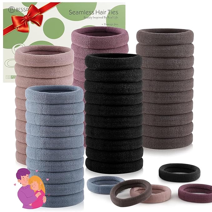 100 Pcs Thick Seamless Hair Ties, Ponytail Holders Hair Accessories No Damage for Thick Hair, Valentine's Day Valentine's Day Gift (Natural Colors)
