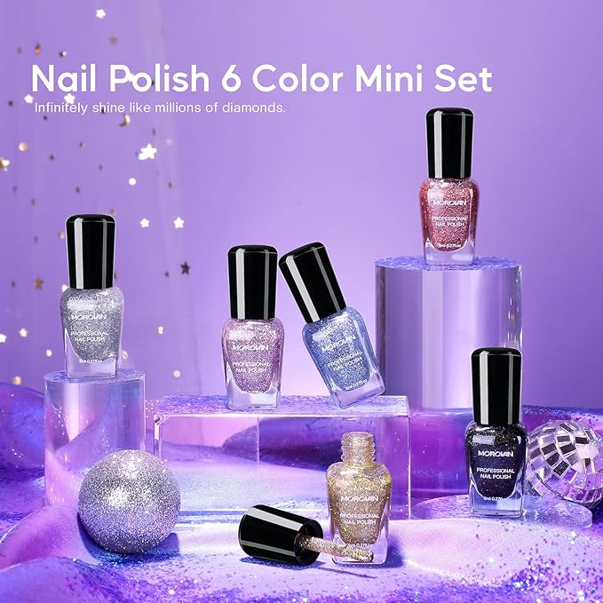 Morovan Glitter Nail Polish Set: Quick Dry Nail Polish Kit Sparkle Gold Silver Black Sparkly Fingernail Bulk Flash Diamond Regular Manicure Gifts for Women