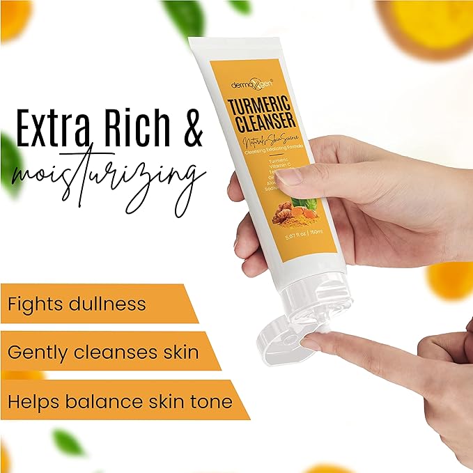 DERMAXGEN Turmeric Facial Cleanser – Natural Anti-Aging Exfoliating Turmeric Face Wash for Glowing Skin – Helps Clear Acne Scars, Dark Spots, Sun Damage & Discoloration – 5 oz