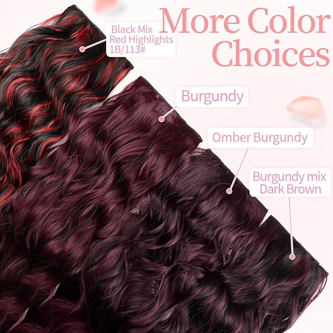 KooKaStyle Hair Extensions Black Mix Red Highlights 1B/113# Clip in Synthetic Highlight Hair Extensions Long Wavy 4PCS Thick Hairpieces 20 Inch for Women