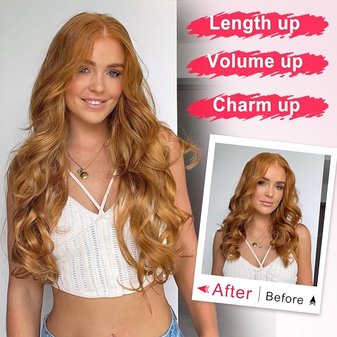 ALXNAN Long Wavy Hair Extensions for Women, Clip in Hair Extensions Clip Ins Soft Full Head Synthetic Hairpieces 20 Inch Strawberry Blonde