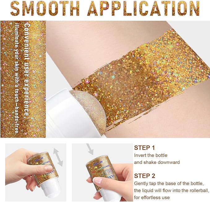 Roll-on Holographic Body Glitter Gel for Face and Hair, Chameleon Color Changing Glitter Gel Under Light, Chunky Mermaid Sequins Shimmer Makeup for Halloween Party Rave Accessories (Champagne)