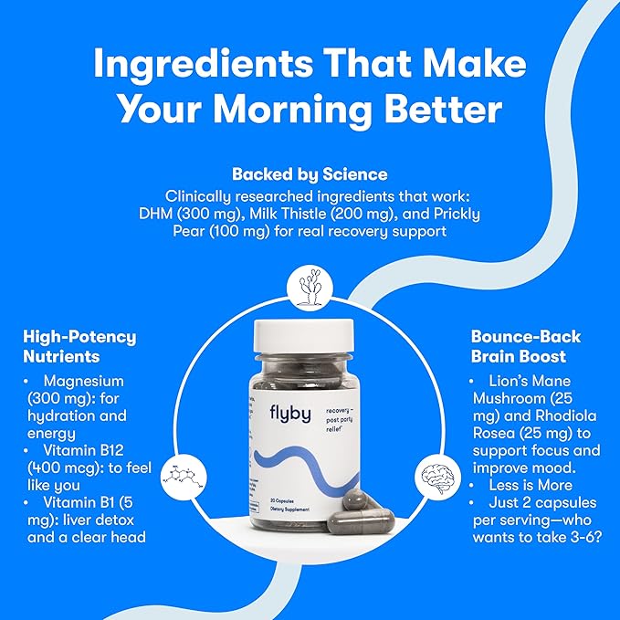 Flyby Recovery Supplement - All The Hang, Without The Over!™ - with Milk Thistle, Vitamin C, Activated Charcoal, and Apple Cider Vinegar - Pre & Post Drinking Formula (80 Count)