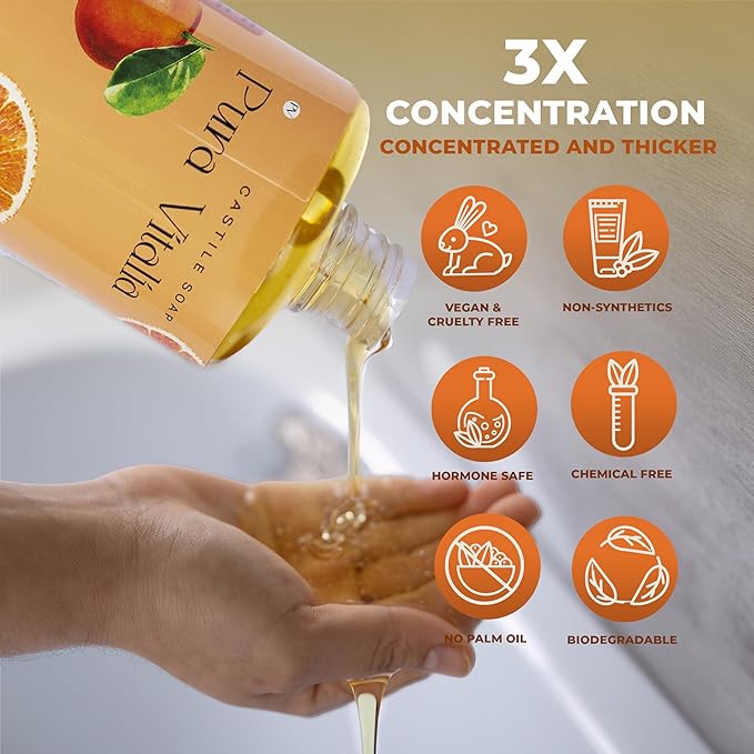 Pura Vitalia Citrus Organic Castile Soap | Body Wash & Cleanser for Face & Hands | Biodegradable, Eco-Friendly, Palm Oil Free, Vegan & Gentle | Made with 6 Natural Ingredients - 32 oz