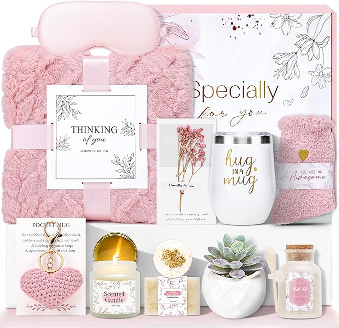 CuriBox Get Well Gifts for Women Self Care Gifts Basket - Relaxing Spa Care Package After Surgery Thinking of You Birthday Gift - Feel Better Sympathy Gift Set for Her Mom Sister Friend Wife (Pink)