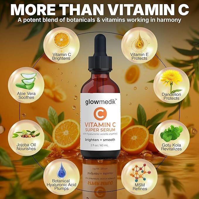 GlowMedik Vitamin C Serum for Face – Anti Aging Brightening Formula with Hyaluronic Acid, Vitamin E – Gentle for Sensitive Skin – Improves Dark Spots, Fine Lines & Wrinkles, Made in USA 60ml 2 fl oz