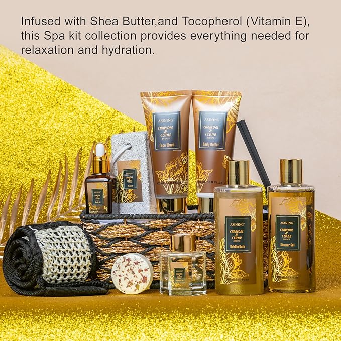 Spa Set for Women & Mens Gift, Relaxing Gifts for Men, Father's Day Gifts for Men Dad with 14PCS Charcoal & Cedar Scents Spa, Includes Bubble Bath, Shower Gel, Body Butter, Spa Kit for Mans Gift Set